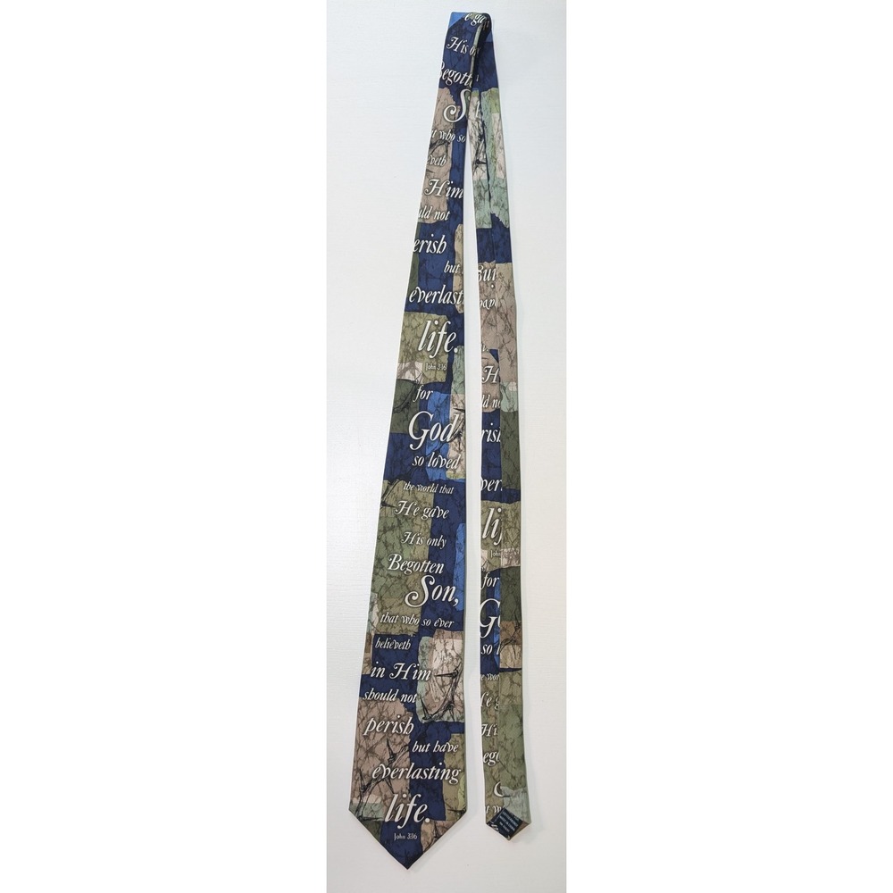 Larson Mens Silk Tie John 3:16 Bible Verse Scripture Religious Blue Green Tan